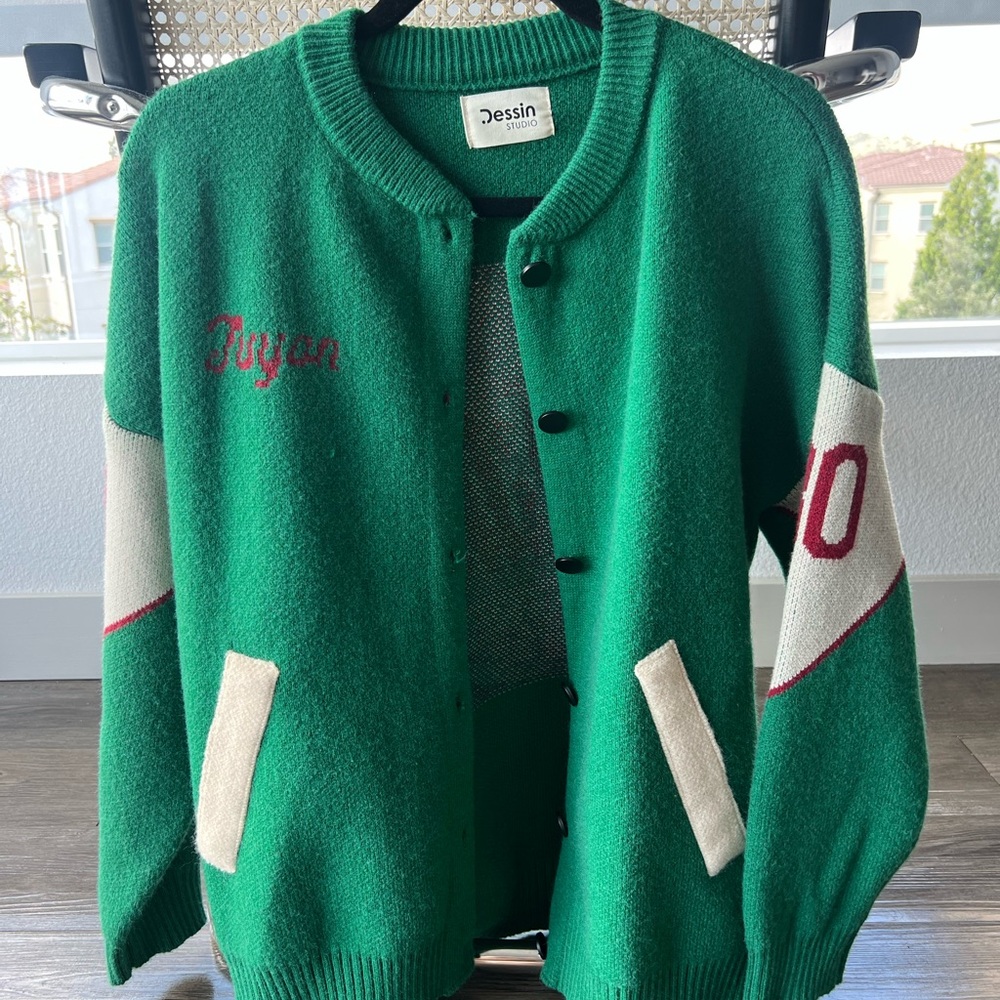 Green Varsity Cardigan with Cream Accents - MILK